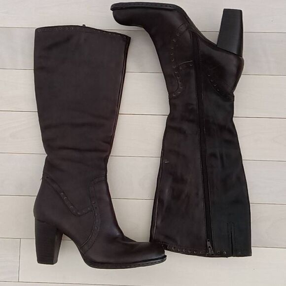 Born Women's Brown Leather Block Heeled Zip Up Calf High Boots Size 8.5 - Picture 1 of 7